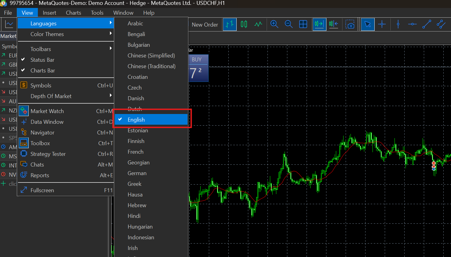 MT5 View > Languages > English menu