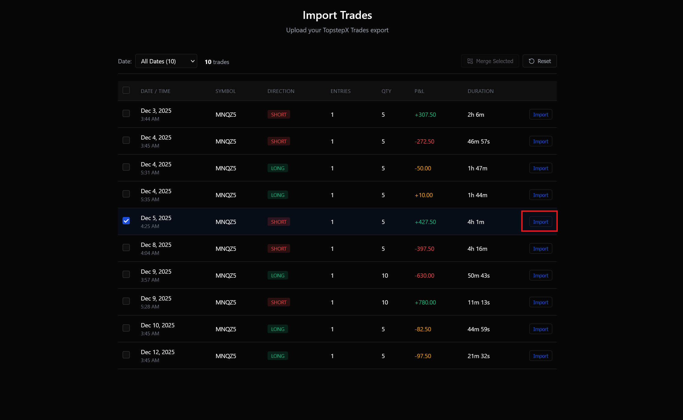 Import preview with trade selection
