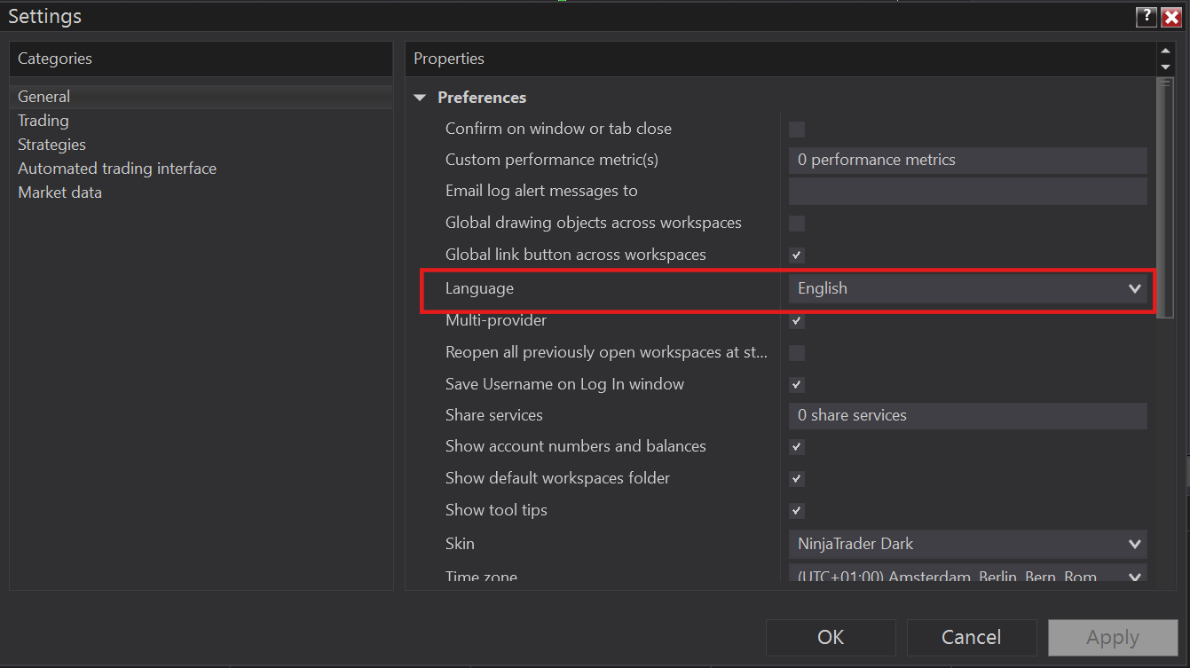 NinjaTrader language settings
