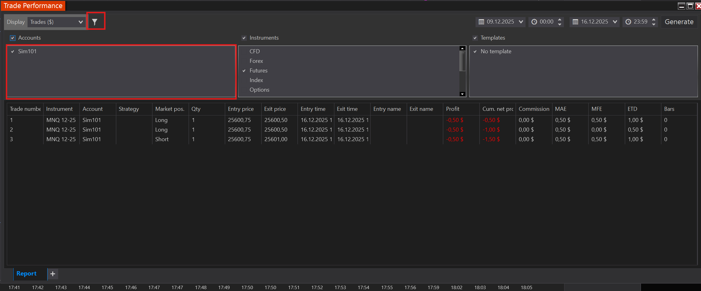 Display dropdown with Trades/Executions options