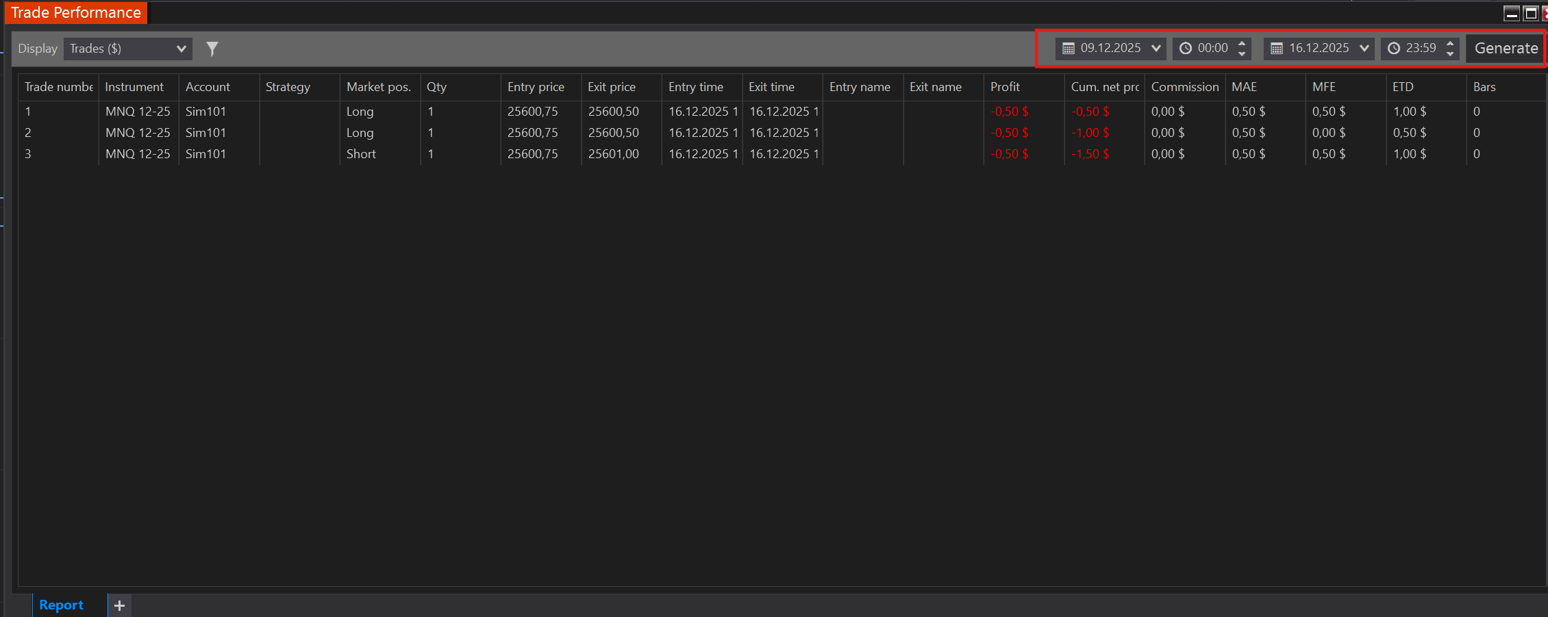 Date range selection and Generate button