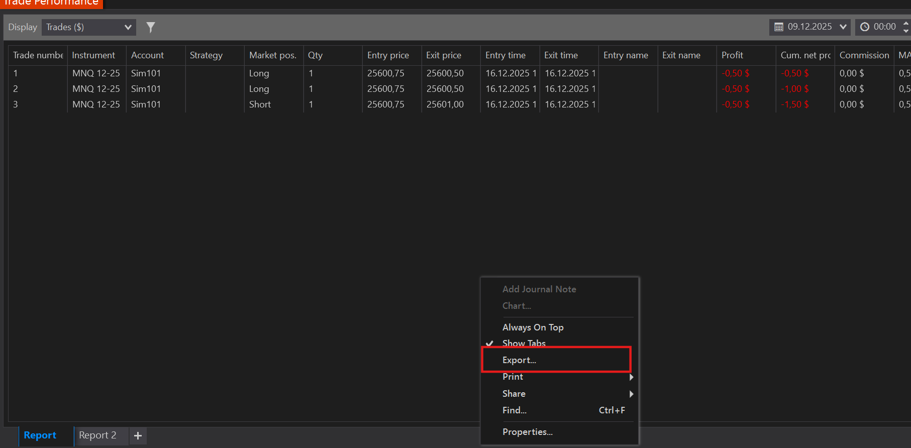 Right-click export menu