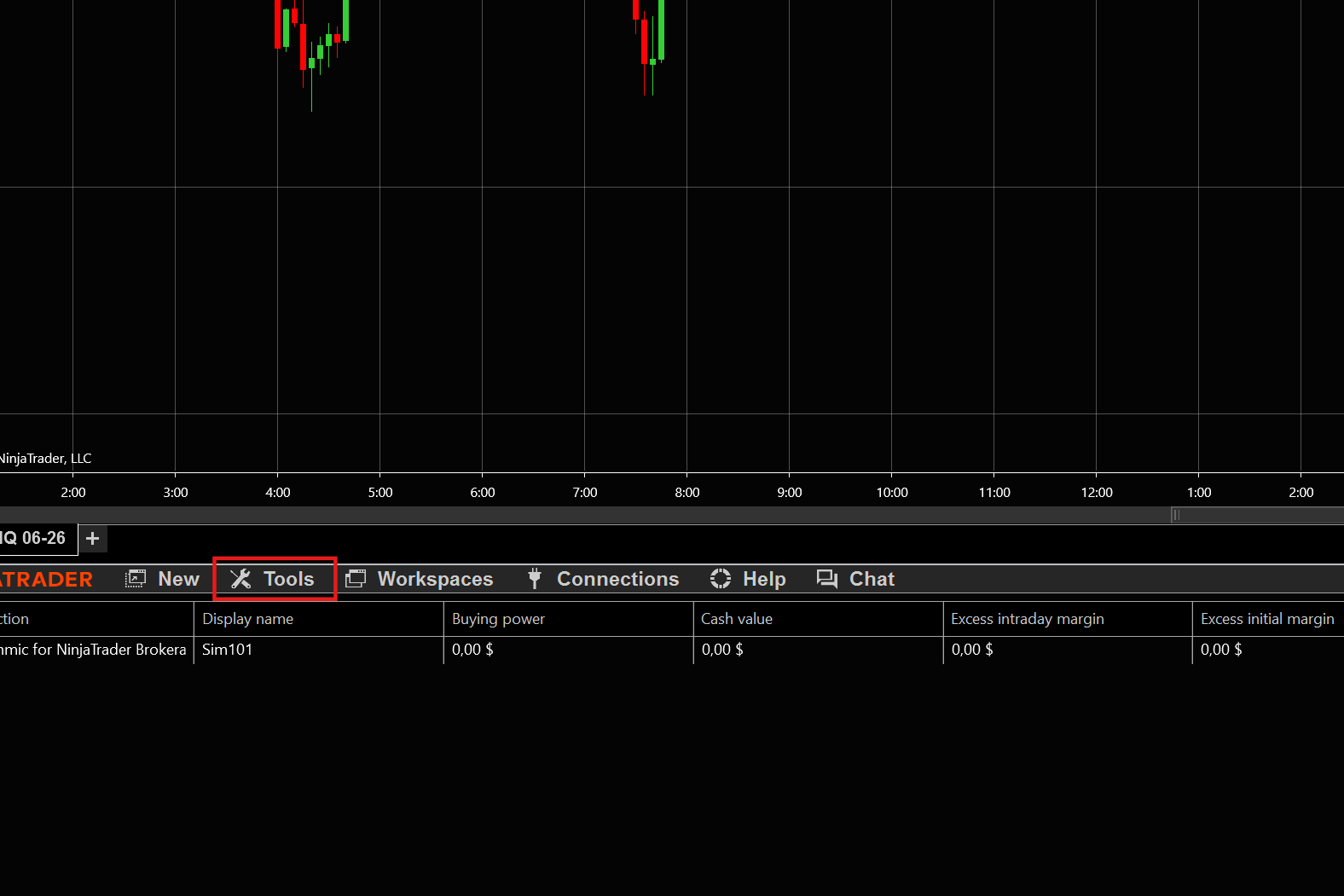 NinjaTrader Control Center - Tools menu