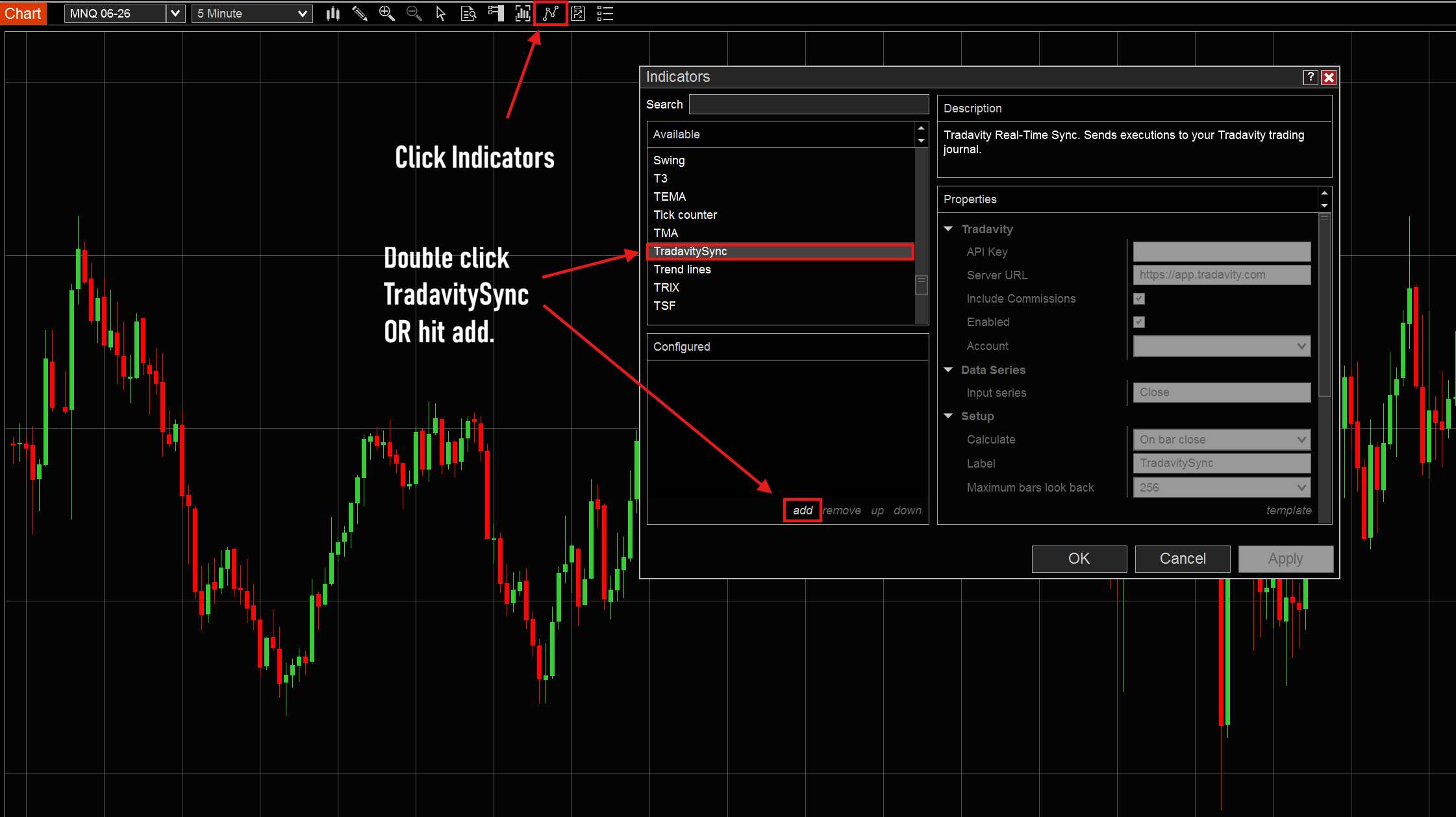 Add TradavitySync indicator to chart