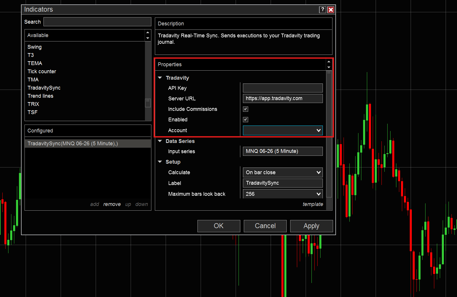 Configure TradavitySync indicator settings