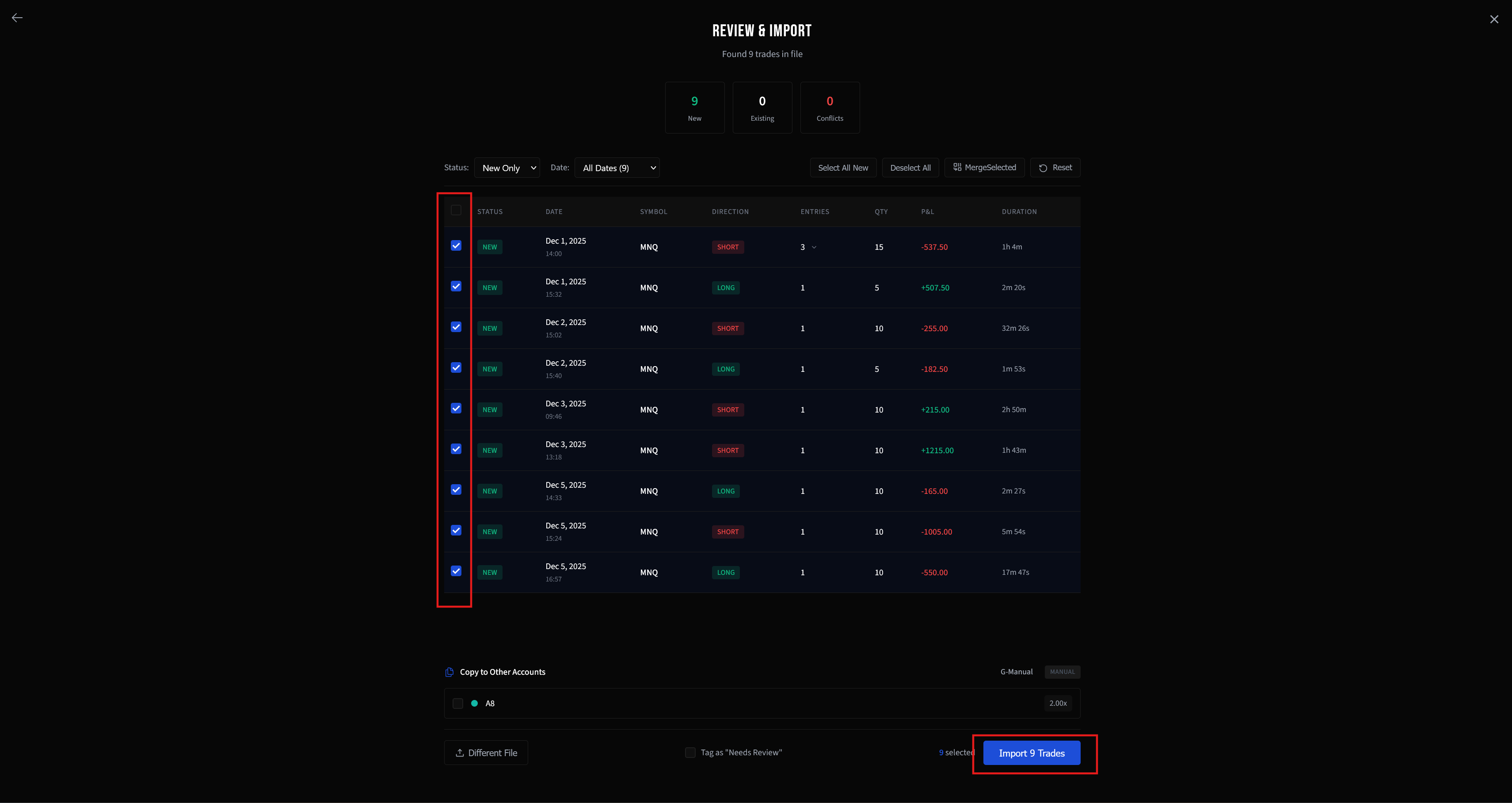 Review and import trades