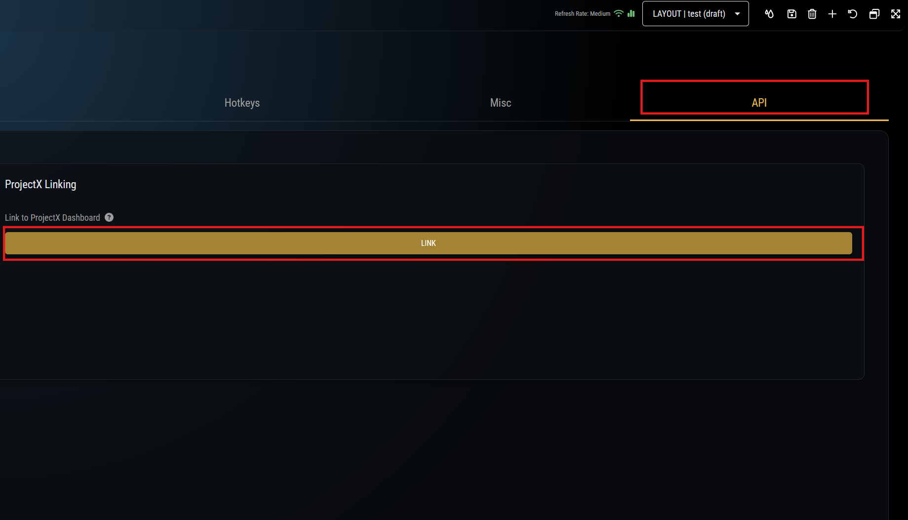 TopStepX Settings API page with ProjectX linking