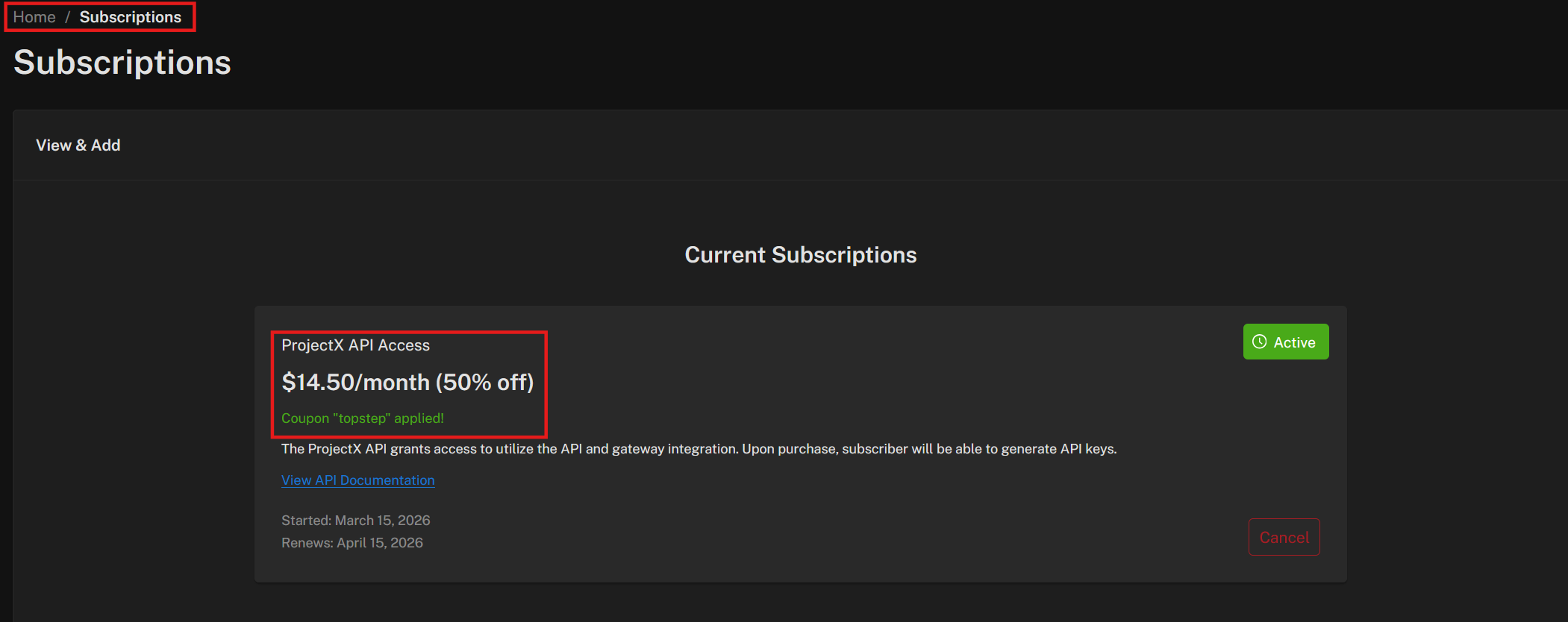 ProjectX API subscription page