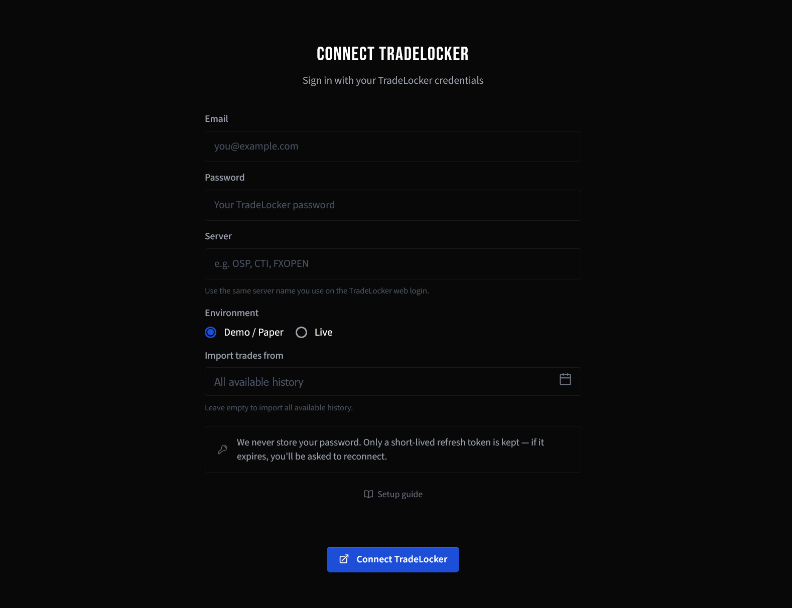 Enter TradeLocker credentials