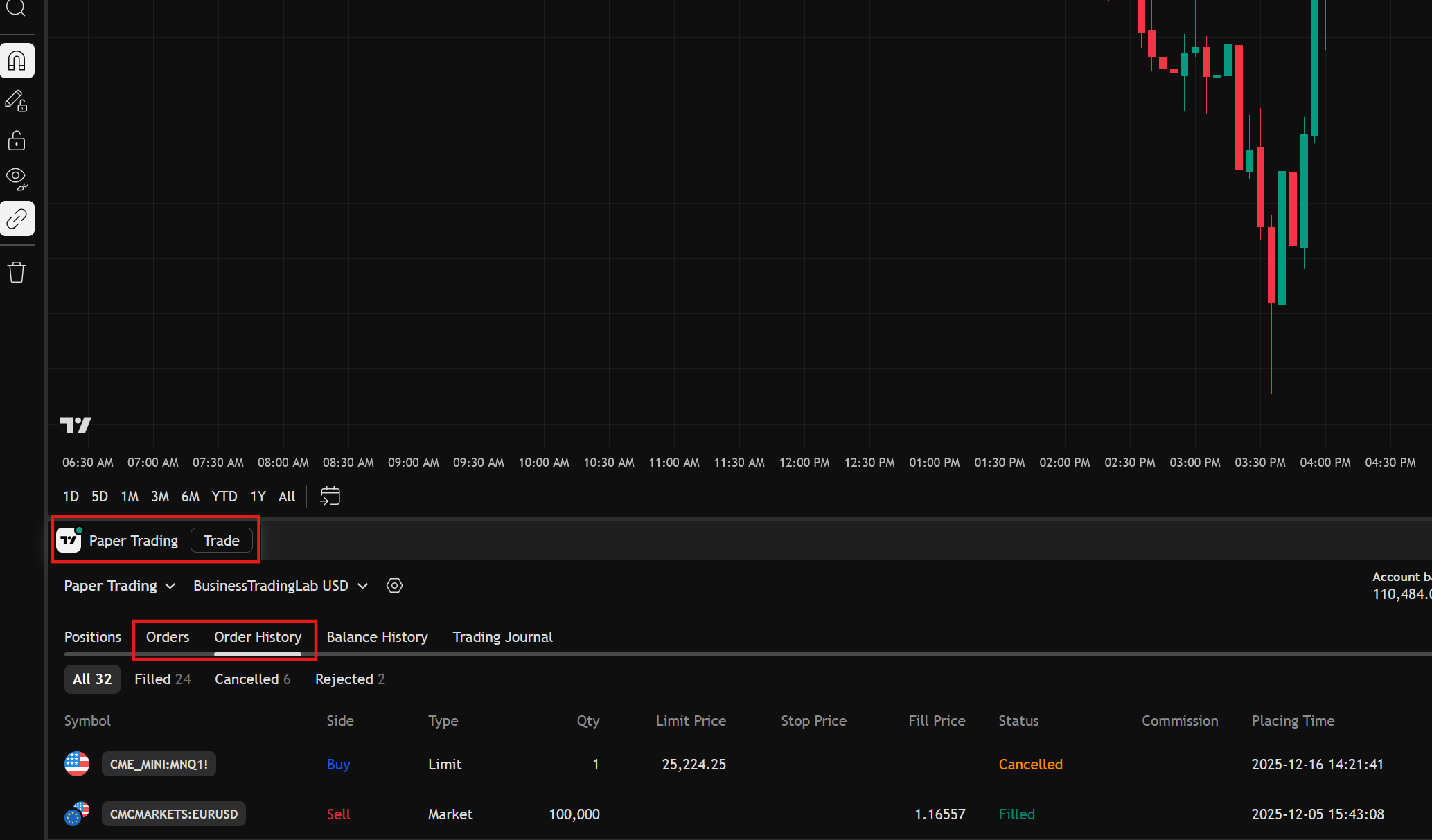 TradingView Order History tab