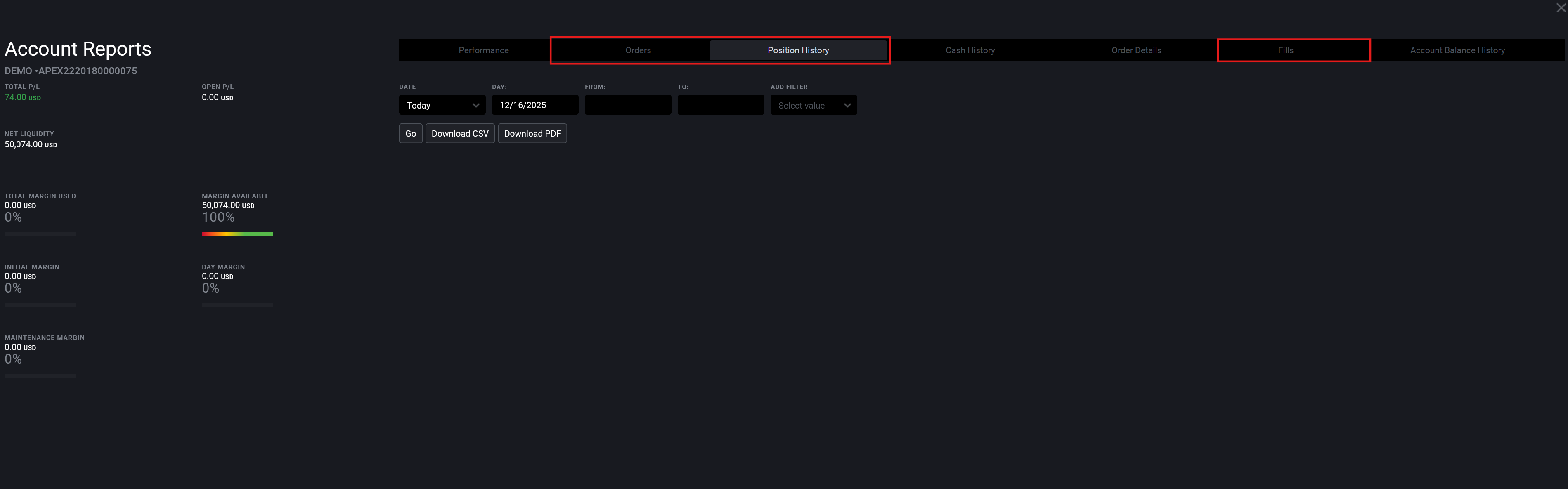 Choose Position History, Fills, or Orders tab