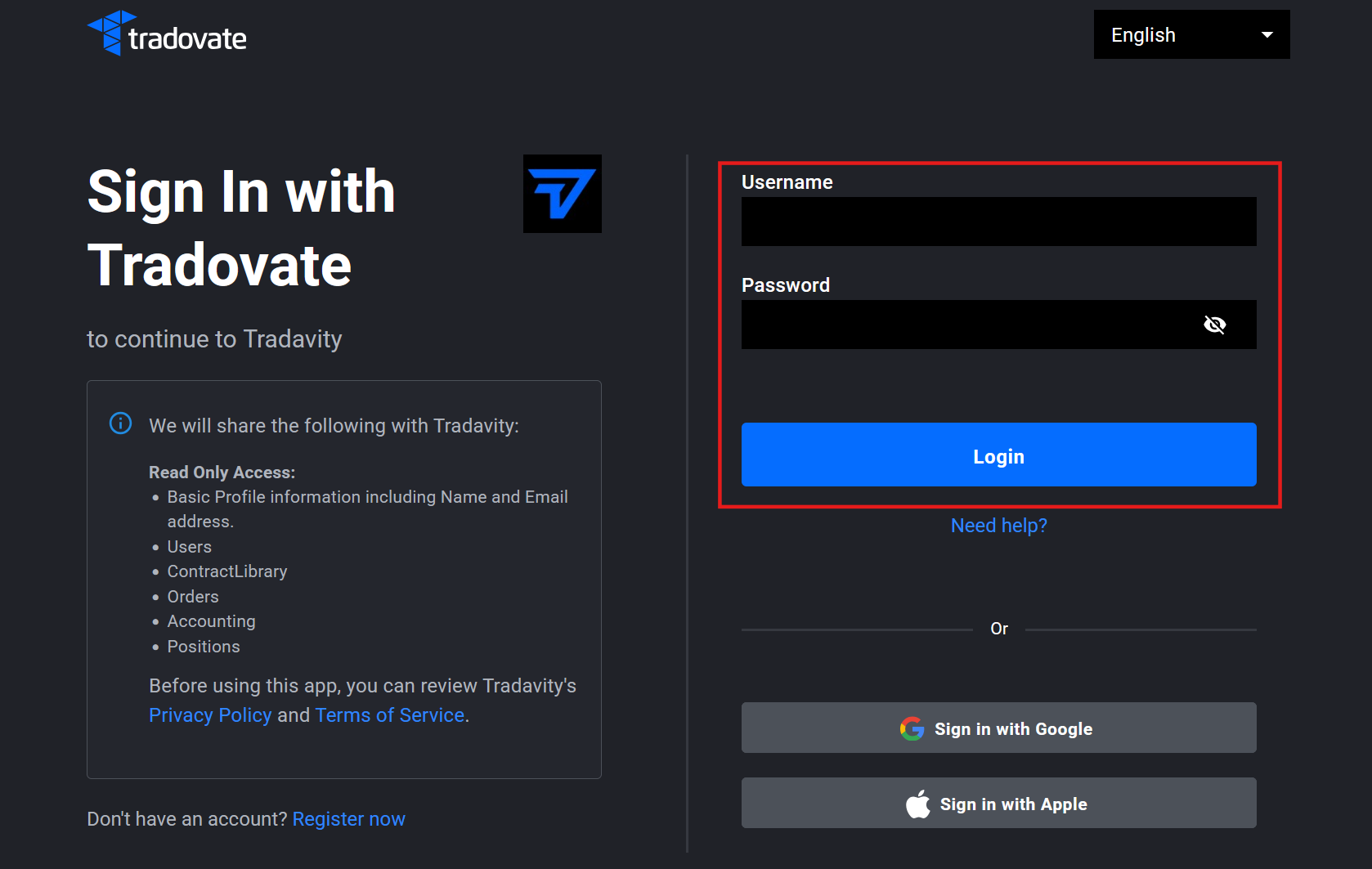 Tradovate OAuth login with read-only permissions